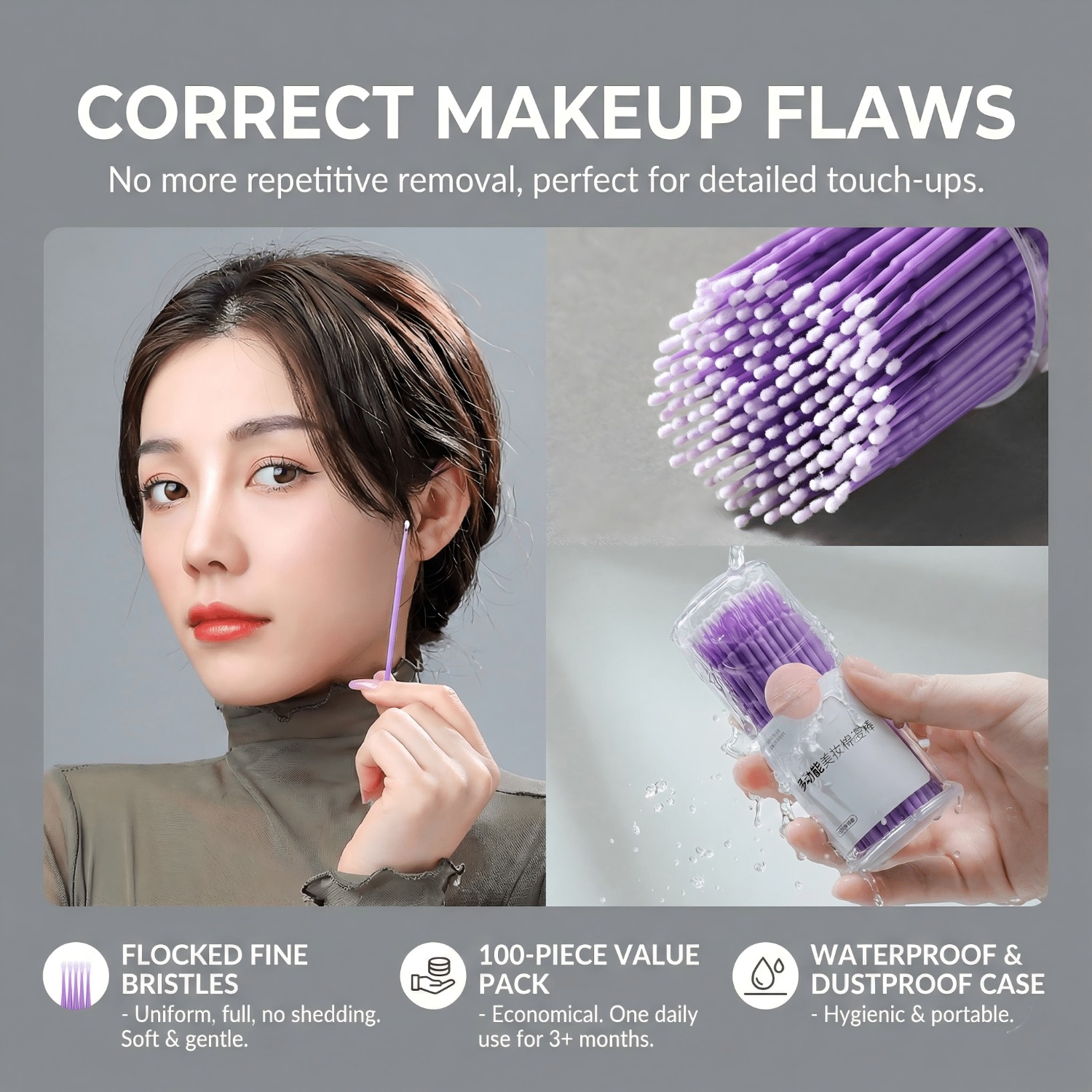 Eyelash Extension Removal - 100Pcs Purple Micro Brushes Pointed Cotton